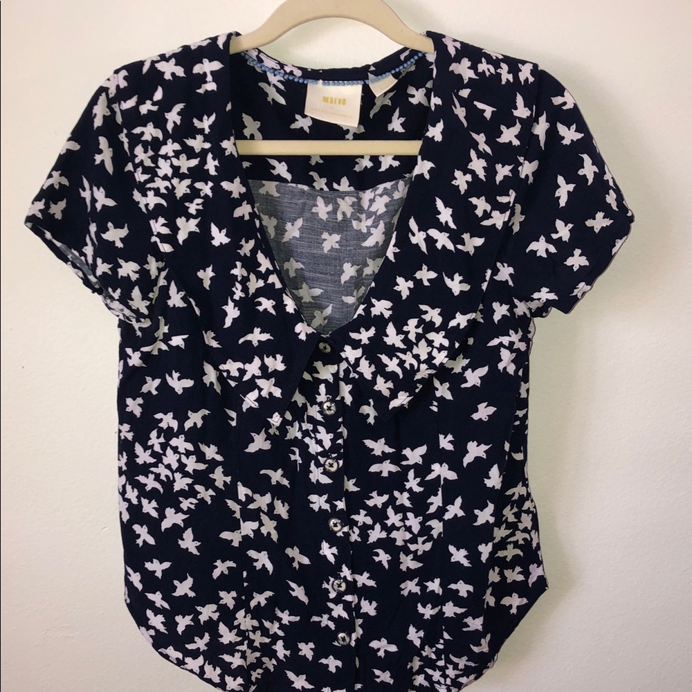 MAEVE by Anthropology Women’s Blue Short Sleeve Shirt w/ Bird Print Yolk Collar